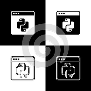 Set Python programming language icon isolated on black and white background. Python coding language sign on browser