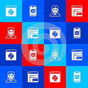 Set Python programming language, Mobile Apps, Hacker or coder and Software icon. Vector