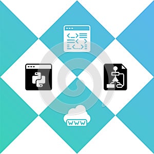 Set Python programming language, Web development, Software and Flowchart icon. Vector