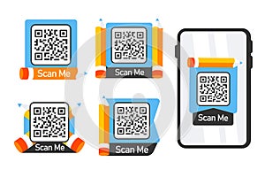 Set of QR code stickers flanked by pencils, with Scan Me text, designed for interactive engagement