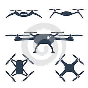 Set quadrocopter silhouette. Side and top view. Isolated white background.