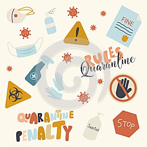 Set of Quarantine Icons, Fine or Penalty Paper Sheet, Medical Mask, Warning and Stop Signs with Human Palm