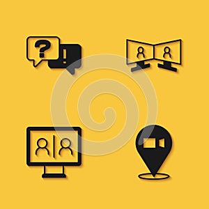 Set Question and Answer, Video chat conference, and icon with long shadow. Vector