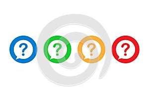 Set of question mark symbols in flat design. Help or ask buttons in blue, green, orange and red colors. Isolated faq