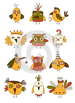Set of Quirky Crazy birds. Hand drawn illustration.