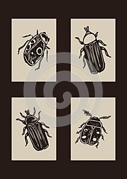 Set of quirky scandi folkart of bug clipart illustrations in woodland scandi style. Collection of linocut forest insect