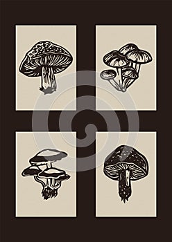 Set of quirky scandi folkart of floral clipart illustrations in woodland scandi style. Collection of linocut forest