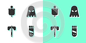 Set Quiver with arrows, Medieval flag, axe and Executioner mask icon. Vector