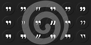 Set of Quotation Mark Icon. Double Comma Silhouette Signs of Quote Icons. White Quotation Signs on Black Background