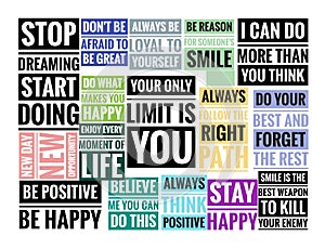 Set of quotes with different fonts and colors. Motivational, inspirational or positive quotes. Card, design, poster or banner.