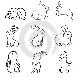 Set of rabbits hand drawing line monochrome image.Rabbit outline.Easter bunny.Illustration for greeting cards, Easter, children s