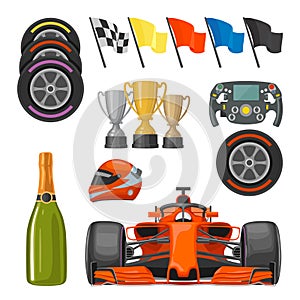 Set race flat icons. Helmet, champagne, cup, flag