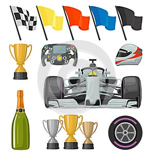 Set race flat icons. Helmet, champagne, cup, flag