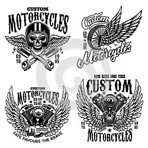 Set of racer emblem templates with motorcycle motor, wheels. wings. Design element for logo, label, emblem, sign, poster, t shirt