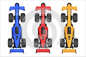 Set racing car, sport vehicle top view in cartoon style isolated on white background. Formula bolid detailed drawing