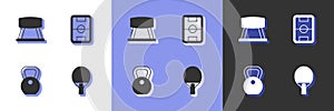 Set Racket, Pommel horse, Weight and Football field icon. Vector