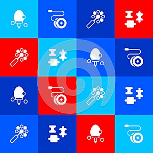 Set Racket, Yoyo toy, Rattle baby and Puzzle pieces icon. Vector