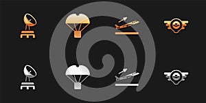 Set Radar, Box flying on parachute, Plane takeoff and Aviation emblem icon. Vector