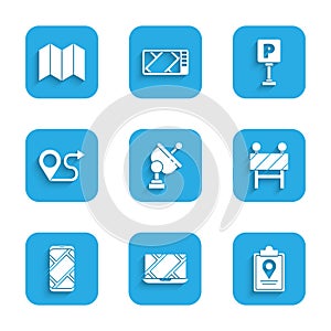 Set Radar, City map navigation, Folded with location marker, Road barrier, Route, Parking and icon. Vector