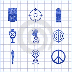 Set Radar, Peace, Target sport for shooting competition, Military knife, Human target, Bullet and Chevron icon. Vector