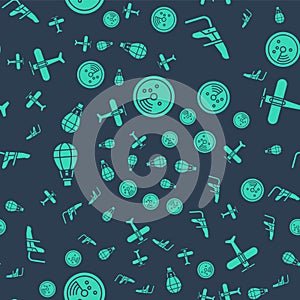 Set Radar with targets on monitor, Airplane seat, Hot air balloon and Plane on seamless pattern. Vector