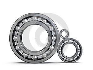 Set of radial ball bearings. Ball bearing assembly. 3D rendering.