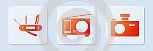 Set Radio with antenna, Swiss army knife and Photo camera. White square button. Vector