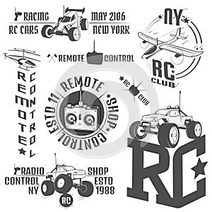 Set of radio controlled machine emblems, RC, radio controlled toys design elements for emblems, icon, tee shirt , related emblems,