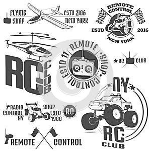 Set of radio controlled machine emblems,RC, radio controlled toys design elements for emblems, icon, tee shirt ,related emblems, l