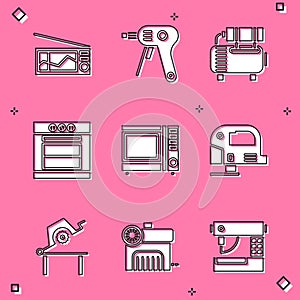 Set Radio, Electric hot glue gun, Air compressor, Oven, Microwave oven and jigsaw icon. Vector
