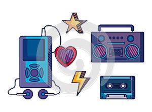 set of radio with mp4 and cassette with heart and star