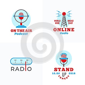 A set of Radio Vector Emblems. Abstract Broadcast Tower, Podcast or Stand Up Comedy Microphone Signs or Logo Templates