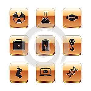 Set Radioactive, Christmas sock, Laptop with envelope, Battery, Car battery and American Football ball icon. Vector