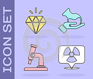 Set Radioactive in location, Diamond, Microscope and Test tube and flask icon. Vector