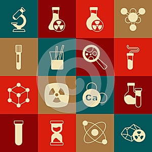 Set Radioactive, Test tube, with toxic liquid, Laboratory glassware, Microscope and Microorganisms under magnifier icon