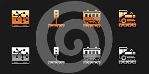 Set Railway map, Train traffic light, Passenger train cars and Vintage locomotive icon. Vector