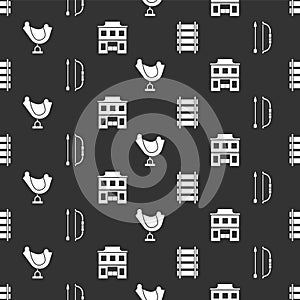 Set Railway, railroad track, Bow and arrow in quiver, Wild west saddle and Wild west saloon on seamless pattern. Vector