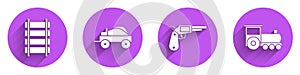 Set Railway, railroad track, Wild west covered wagon, Revolver gun and Retro train icon with long shadow. Vector