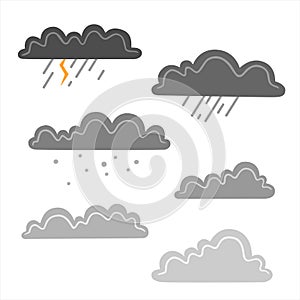 Set of rain clouds isolated on white background. Flat vector illustration