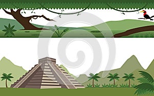 Set of Rain Forest River and Aztec Pyramid Landscape