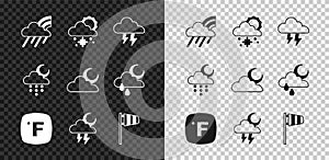 Set Rainbow with cloud and rain, Cloud snow sun, Storm, Fahrenheit, Cone windsock wind vane, moon and icon. Vector