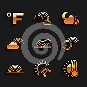 Set Rainbow with cloud, Sun and snowflake, Thermometer sun, moon and Fahrenheit icon. Vector