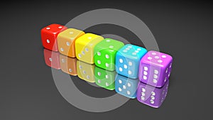 Set of rainbow colored dices on the gray background. Colorful play dice with numbers. Casino gamble playing tool. 3D render