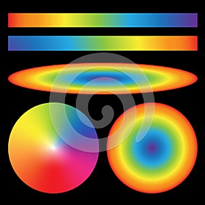 Set of rainbow gradients. Radial Ellipse linear and cone.