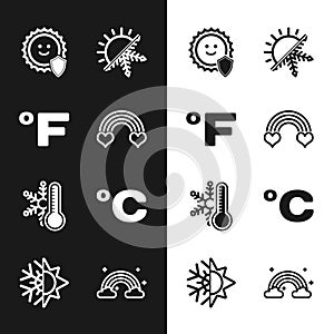 Set Rainbow with heart, Fahrenheit, UV protection, Sun and snowflake, Thermometer, Celsius, clouds and icon. Vector
