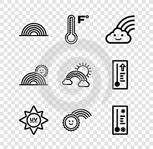 Set Rainbow, Meteorology thermometer, with cloud, UV protection, sun, and clouds and icon. Vector