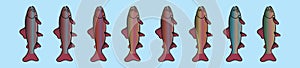 Set of rainbow trout cartoon icon design template with various models. vector illustration isolated on blue background