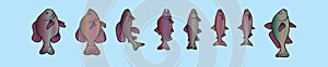 Set of rainbow trout cartoon icon design template with various models. vector illustration isolated on blue background