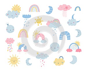 Set rainbows with sun, clouds, rain, moon in flat style isolated on white background for kids.