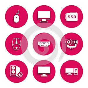 Set RAM, random access memory, Computer monitor screen, Web camera, Case of computer, mouse, SSD card and icon. Vector